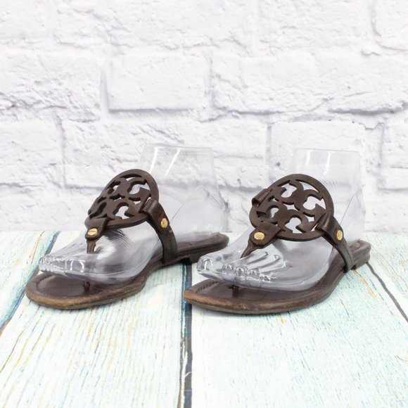 Tory Burch Shoes - *Tory Burch Miller Brown Leather Logo Medallion Flip Flop Thong Sandals 8.5 Inch